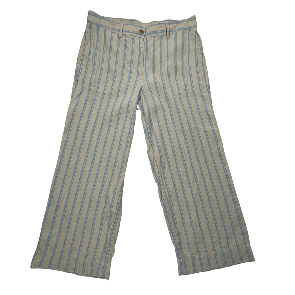 J. Jill Women 100% Linen Striped Wide Leg Crop Pants M Beige Blue Resort Coastal
